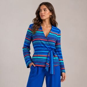 Lily & Taylor NY Blue Striped Wrap Blazer Jacket Women 12 Colorful Church Career